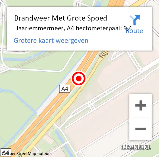Locatie op kaart van de 112 melding: Brandweer Met Grote Spoed Naar Haarlemmermeer, A4 hectometerpaal: 9,4 op 17 april 2024 22:32