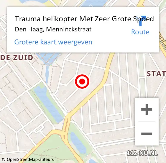 Locatie op kaart van de 112 melding: Trauma helikopter Met Zeer Grote Spoed Naar Den Haag, Menninckstraat op 17 april 2024 22:54
