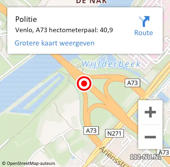 Locatie op kaart van de 112 melding: Politie Venlo, A73 hectometerpaal: 40,9 op 18 april 2024 00:38