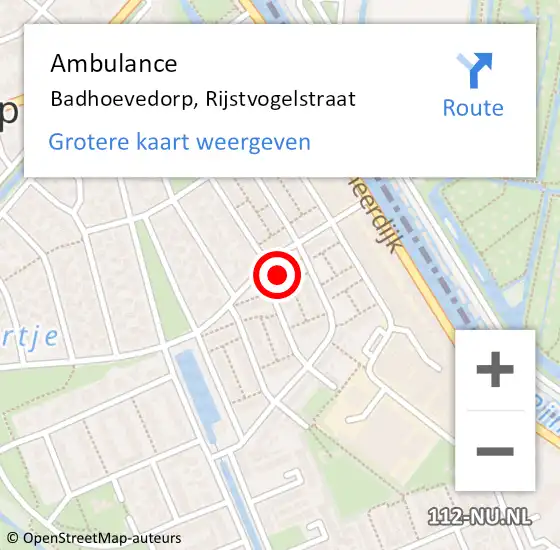 Locatie op kaart van de 112 melding: Ambulance Badhoevedorp, Rijstvogelstraat op 18 april 2024 07:58