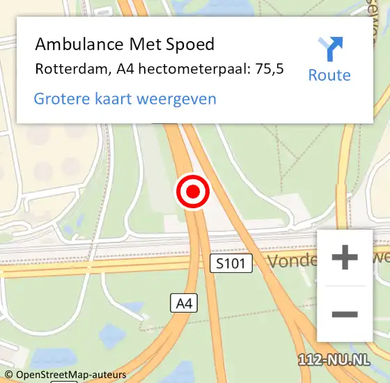 Locatie op kaart van de 112 melding: Ambulance Met Spoed Naar Rotterdam, A4 hectometerpaal: 75,5 op 18 april 2024 08:18