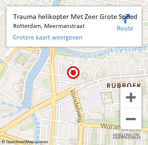 Locatie op kaart van de 112 melding: Trauma helikopter Met Zeer Grote Spoed Naar Rotterdam, Meermanstraat op 18 april 2024 08:18