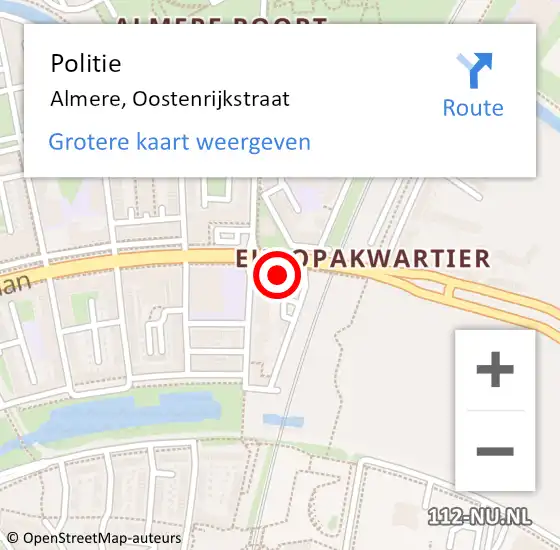 Locatie op kaart van de 112 melding: Politie Almere, Oostenrijkstraat op 18 april 2024 08:44