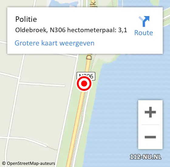 Locatie op kaart van de 112 melding: Politie Oldebroek, N306 hectometerpaal: 3,1 op 18 april 2024 14:35