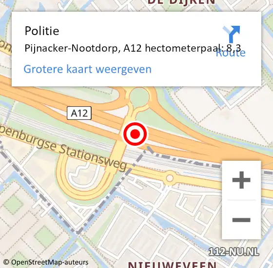Locatie op kaart van de 112 melding: Politie Pijnacker-Nootdorp, A12 hectometerpaal: 8,3 op 18 april 2024 15:54