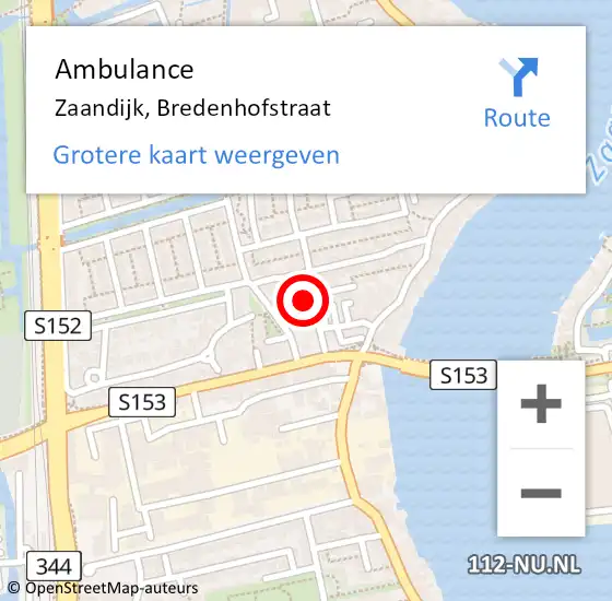 Locatie op kaart van de 112 melding: Ambulance Zaandijk, Bredenhofstraat op 18 april 2024 17:10