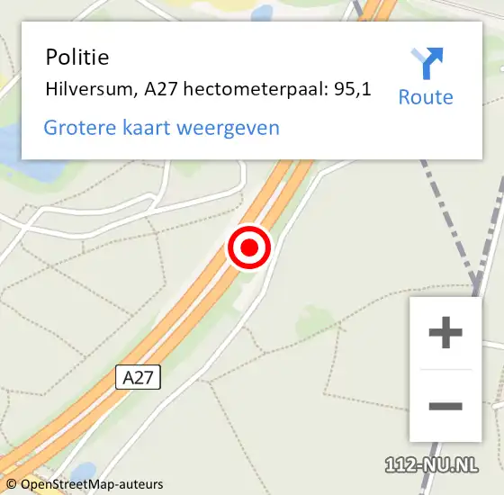 Locatie op kaart van de 112 melding: Politie Hilversum, A27 hectometerpaal: 95,1 op 18 april 2024 18:53
