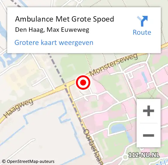 Locatie op kaart van de 112 melding: Ambulance Met Grote Spoed Naar Den Haag, Max Euweweg op 18 april 2024 19:18
