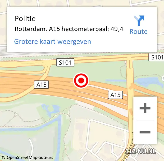 Locatie op kaart van de 112 melding: Politie Rotterdam, A15 hectometerpaal: 49,4 op 18 april 2024 19:27