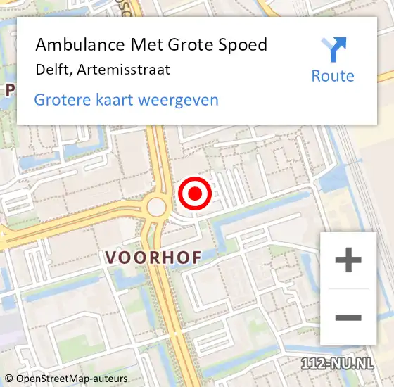 Locatie op kaart van de 112 melding: Ambulance Met Grote Spoed Naar Delft, Artemisstraat op 19 april 2024 08:49