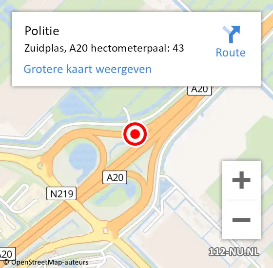 Locatie op kaart van de 112 melding: Politie Zuidplas, A20 hectometerpaal: 43 op 19 april 2024 14:31