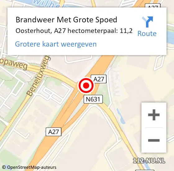 Locatie op kaart van de 112 melding: Brandweer Met Grote Spoed Naar Oosterhout, A27 hectometerpaal: 11,2 op 19 april 2024 15:41