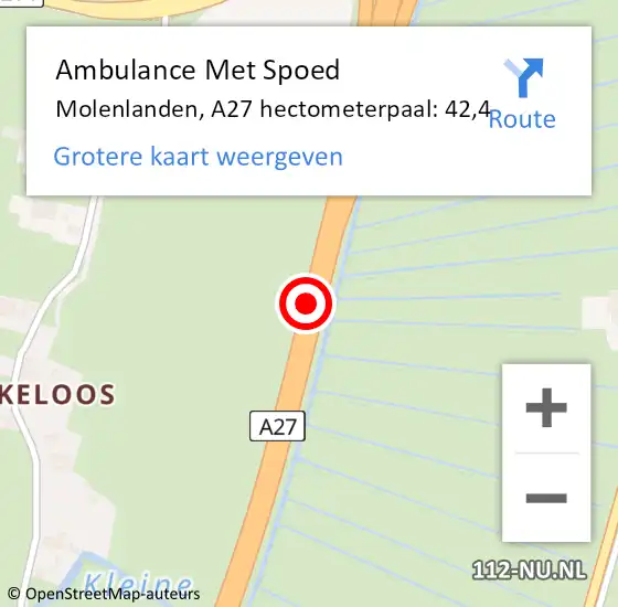 Locatie op kaart van de 112 melding: Ambulance Met Spoed Naar Molenlanden, A27 hectometerpaal: 42,4 op 19 april 2024 15:42