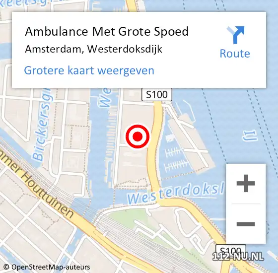 Locatie op kaart van de 112 melding: Ambulance Met Grote Spoed Naar Amsterdam, Westerdoksdijk op 19 april 2024 19:23