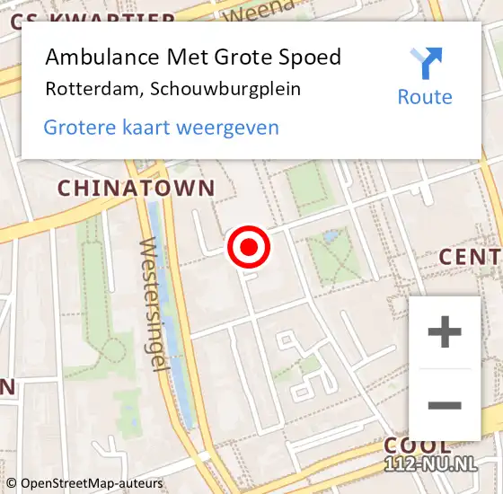 Locatie op kaart van de 112 melding: Ambulance Met Grote Spoed Naar Rotterdam, Schouwburgplein op 19 april 2024 20:24