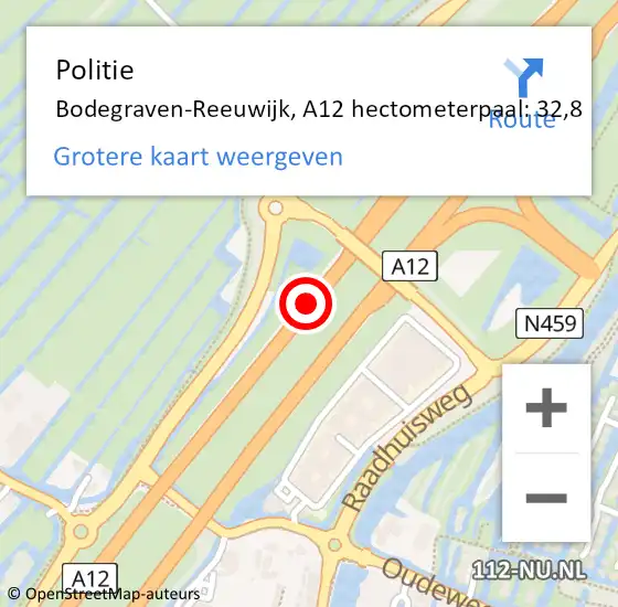 Locatie op kaart van de 112 melding: Politie Bodegraven-Reeuwijk, A12 hectometerpaal: 32,8 op 19 april 2024 22:01