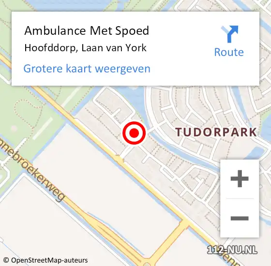 Locatie op kaart van de 112 melding: Ambulance Met Spoed Naar Hoofddorp, Laan van York op 19 april 2024 22:36