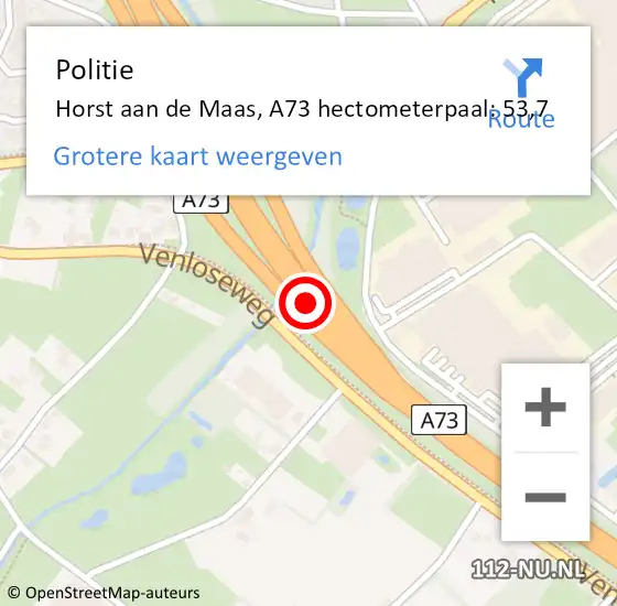 Locatie op kaart van de 112 melding: Politie Horst aan de Maas, A73 hectometerpaal: 53,7 op 20 april 2024 06:55