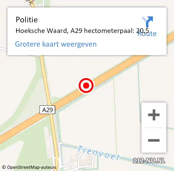 Locatie op kaart van de 112 melding: Politie Hoeksche Waard, A29 hectometerpaal: 20,5 op 20 april 2024 07:59