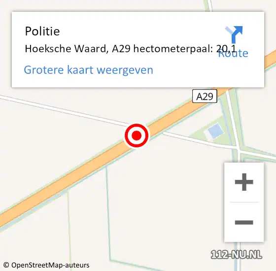 Locatie op kaart van de 112 melding: Politie Hoeksche Waard, A29 hectometerpaal: 20,1 op 20 april 2024 08:22