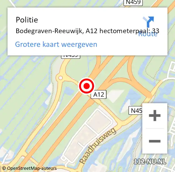 Locatie op kaart van de 112 melding: Politie Bodegraven-Reeuwijk, A12 hectometerpaal: 33 op 20 april 2024 09:21