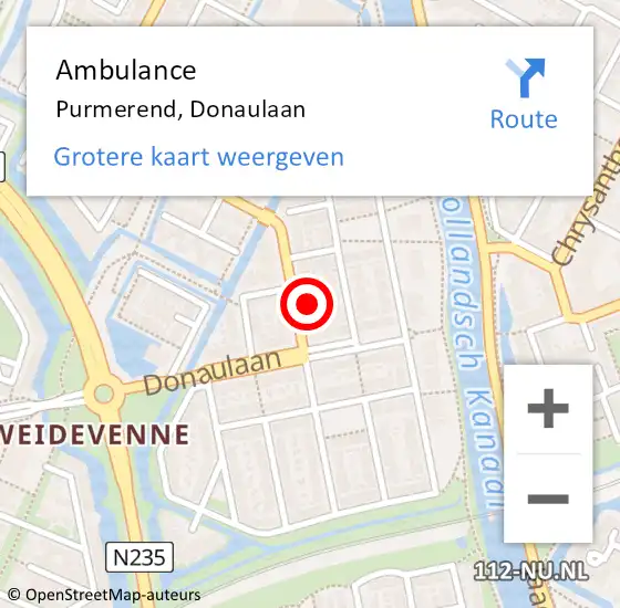 Locatie op kaart van de 112 melding: Ambulance Purmerend, Donaulaan op 20 april 2024 09:40