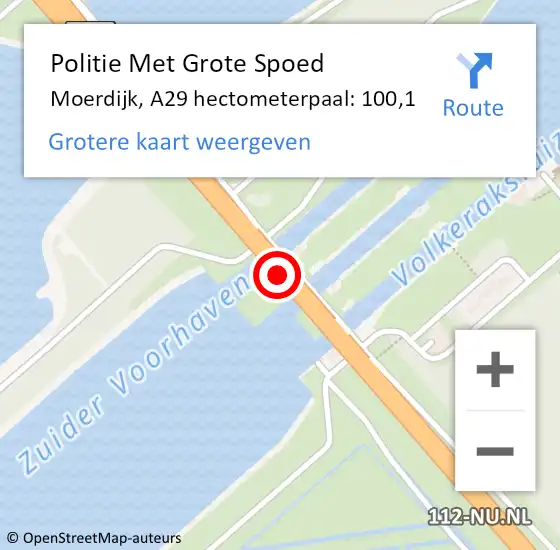 Locatie op kaart van de 112 melding: Politie Met Grote Spoed Naar Moerdijk, A29 hectometerpaal: 100,1 op 20 april 2024 10:50