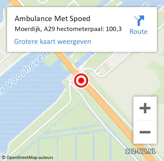 Locatie op kaart van de 112 melding: Ambulance Met Spoed Naar Moerdijk, A29 hectometerpaal: 100,3 op 20 april 2024 10:54