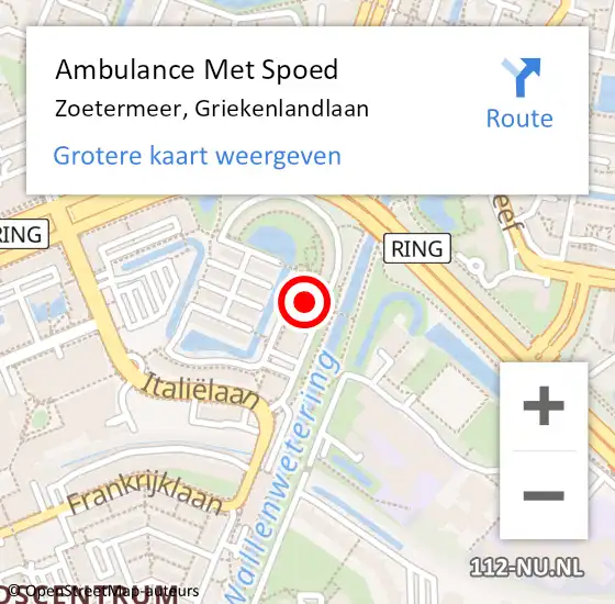 Locatie op kaart van de 112 melding: Ambulance Met Spoed Naar Zoetermeer, Griekenlandlaan op 20 april 2024 11:10