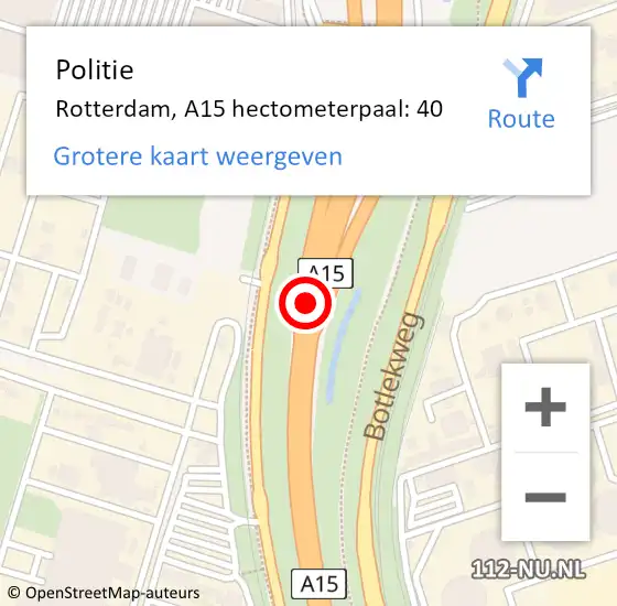 Locatie op kaart van de 112 melding: Politie Rotterdam, A15 hectometerpaal: 40 op 20 april 2024 11:30