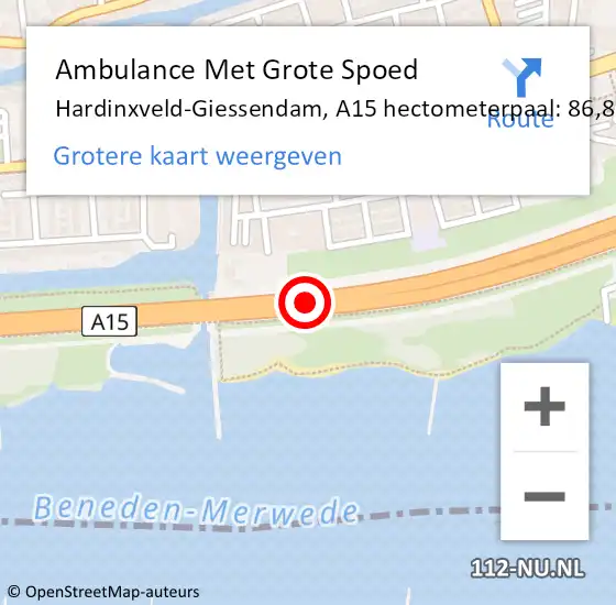 Locatie op kaart van de 112 melding: Ambulance Met Grote Spoed Naar Hardinxveld-Giessendam, A15 hectometerpaal: 86,8 op 20 april 2024 12:29