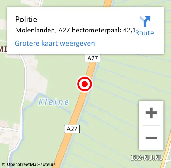 Locatie op kaart van de 112 melding: Politie Molenlanden, A27 hectometerpaal: 42,1 op 20 april 2024 13:05