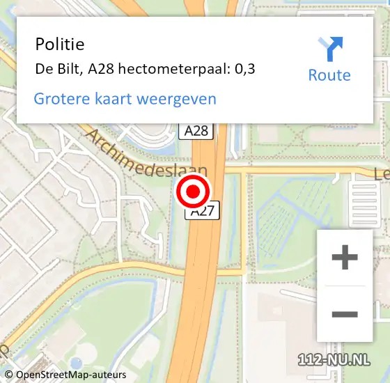 Locatie op kaart van de 112 melding: Politie De Bilt, A28 hectometerpaal: 0,3 op 20 april 2024 13:44