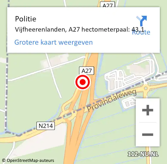 Locatie op kaart van de 112 melding: Politie Vijfheerenlanden, A27 hectometerpaal: 43,1 op 20 april 2024 13:46