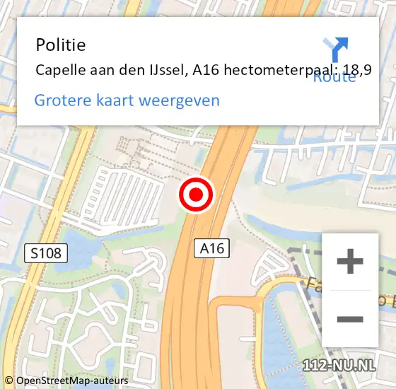 Locatie op kaart van de 112 melding: Politie Capelle aan den IJssel, A16 hectometerpaal: 18,9 op 20 april 2024 14:48
