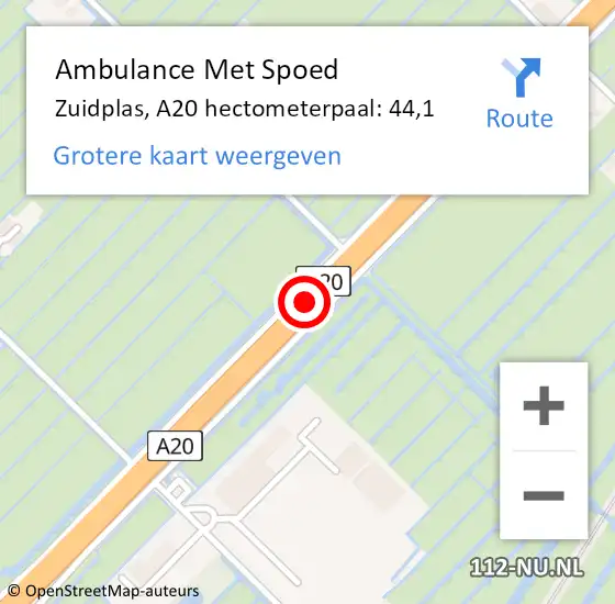 Locatie op kaart van de 112 melding: Ambulance Met Spoed Naar Zuidplas, A20 hectometerpaal: 44,1 op 20 april 2024 14:56