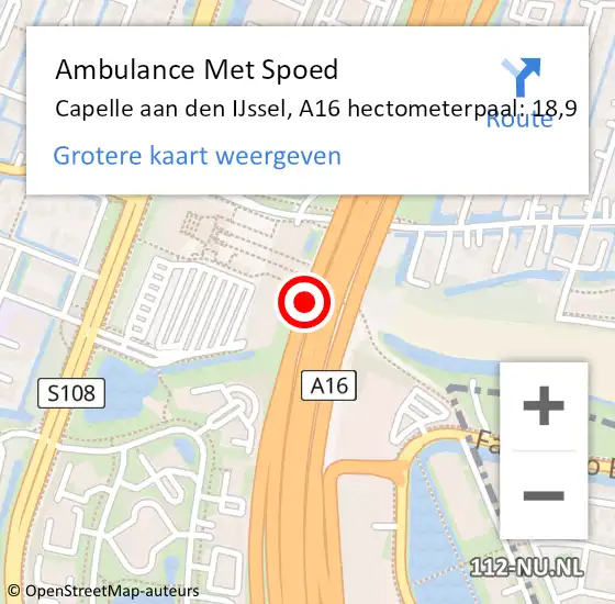 Locatie op kaart van de 112 melding: Ambulance Met Spoed Naar Capelle aan den IJssel, A16 hectometerpaal: 18,9 op 20 april 2024 15:01