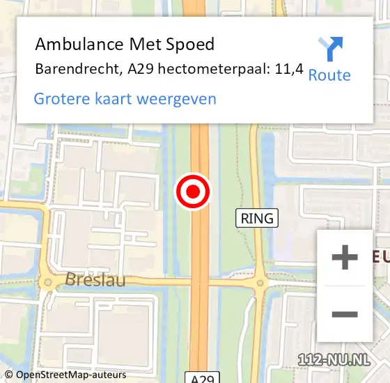 Locatie op kaart van de 112 melding: Ambulance Met Spoed Naar Barendrecht, A29 hectometerpaal: 11,4 op 20 april 2024 15:04
