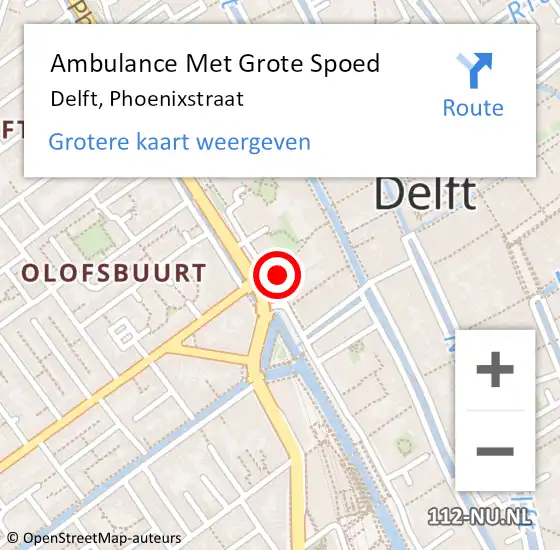 Locatie op kaart van de 112 melding: Ambulance Met Grote Spoed Naar Delft, Phoenixstraat op 20 april 2024 19:36