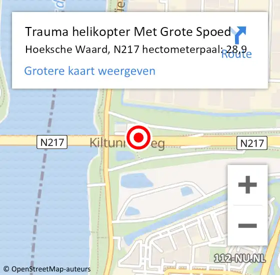 Locatie op kaart van de 112 melding: Trauma helikopter Met Grote Spoed Naar Hoeksche Waard, N217 hectometerpaal: 28,9 op 20 april 2024 21:26