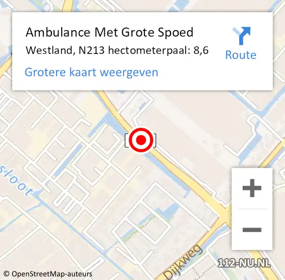 Locatie op kaart van de 112 melding: Ambulance Met Grote Spoed Naar Westland, N213 hectometerpaal: 8,6 op 20 april 2024 22:03