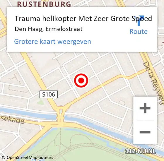 Locatie op kaart van de 112 melding: Trauma helikopter Met Zeer Grote Spoed Naar Den Haag, Ermelostraat op 20 april 2024 22:35