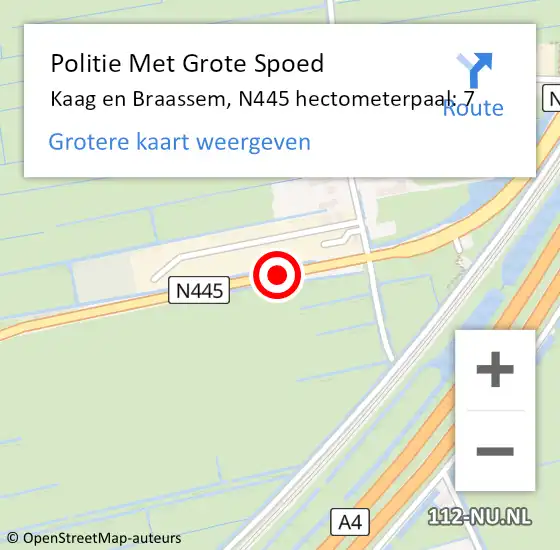 Locatie op kaart van de 112 melding: Politie Met Grote Spoed Naar Kaag en Braassem, N445 hectometerpaal: 7 op 20 april 2024 22:54