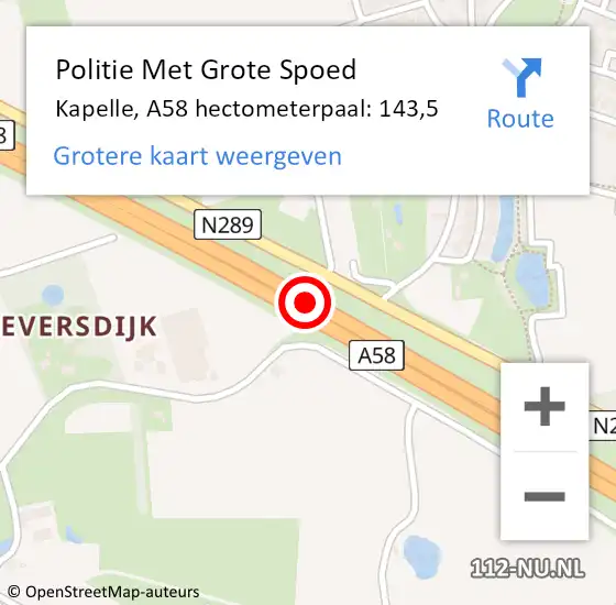 Locatie op kaart van de 112 melding: Politie Met Grote Spoed Naar Kapelle, A58 hectometerpaal: 143,5 op 21 april 2024 01:01