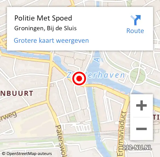 Locatie op kaart van de 112 melding: Politie Met Spoed Naar Groningen, Bij de Sluis op 21 april 2024 02:24