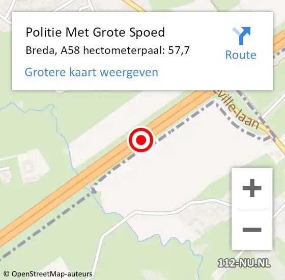 Locatie op kaart van de 112 melding: Politie Met Grote Spoed Naar Breda, A58 hectometerpaal: 57,7 op 21 april 2024 04:31