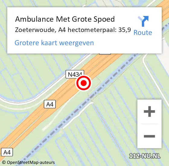 Locatie op kaart van de 112 melding: Ambulance Met Grote Spoed Naar Zoeterwoude, A4 hectometerpaal: 35,9 op 21 april 2024 04:32