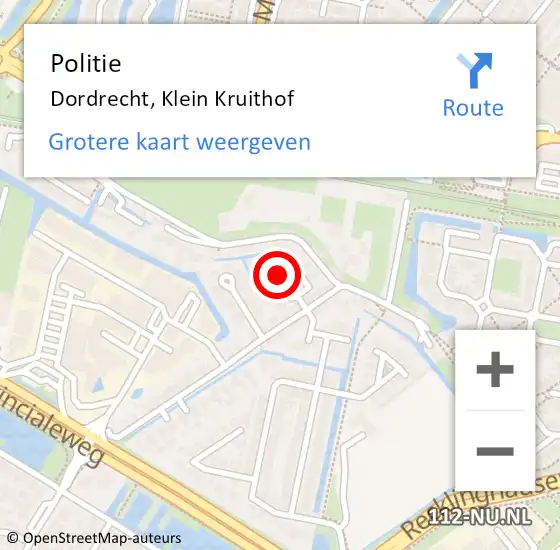 Locatie op kaart van de 112 melding: Politie Dordrecht, Klein Kruithof op 21 april 2024 05:36