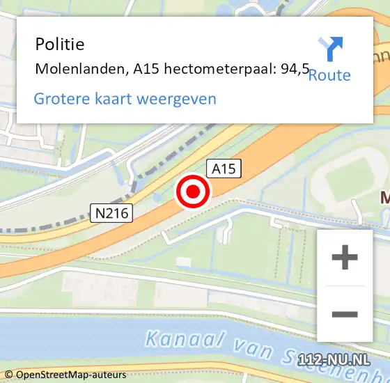 Locatie op kaart van de 112 melding: Politie Molenlanden, A15 hectometerpaal: 94,5 op 21 april 2024 08:49