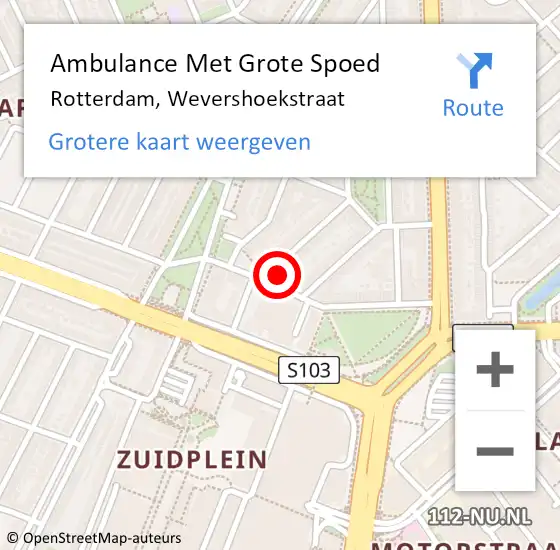 Locatie op kaart van de 112 melding: Ambulance Met Grote Spoed Naar Rotterdam, Wevershoekstraat op 21 april 2024 10:05